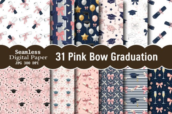 Elevate Your Designs with Seamless Pink Bow Graduation Digital Paper