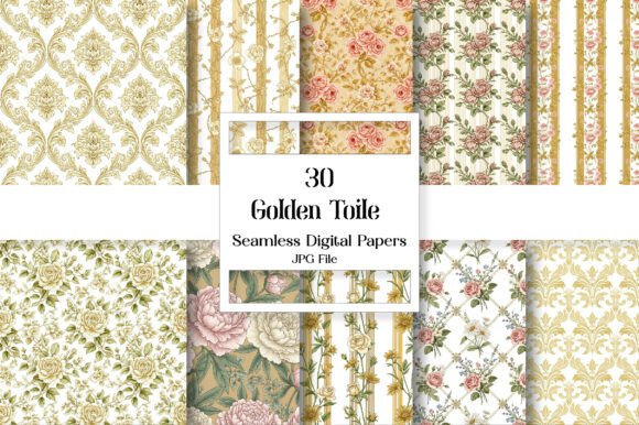 Golden Toile Digital Paper: Vintage Elegance for Modern Design