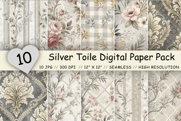Silver Toile Digital Paper Pack: Vintage Floral Elegance